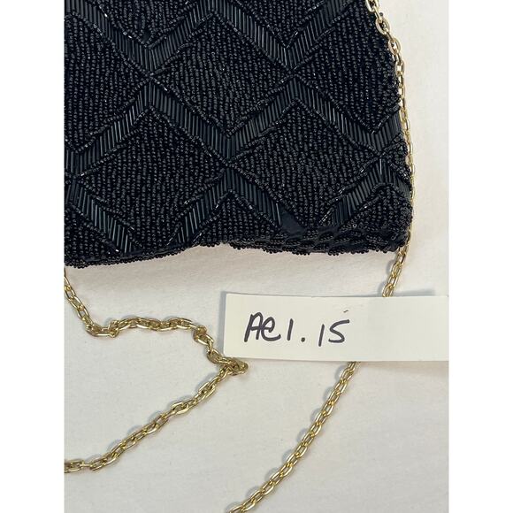 Vintage Beaded Purse Black Geometric Chain Strap Hand Made Hong Kong - Picture 9 of 9